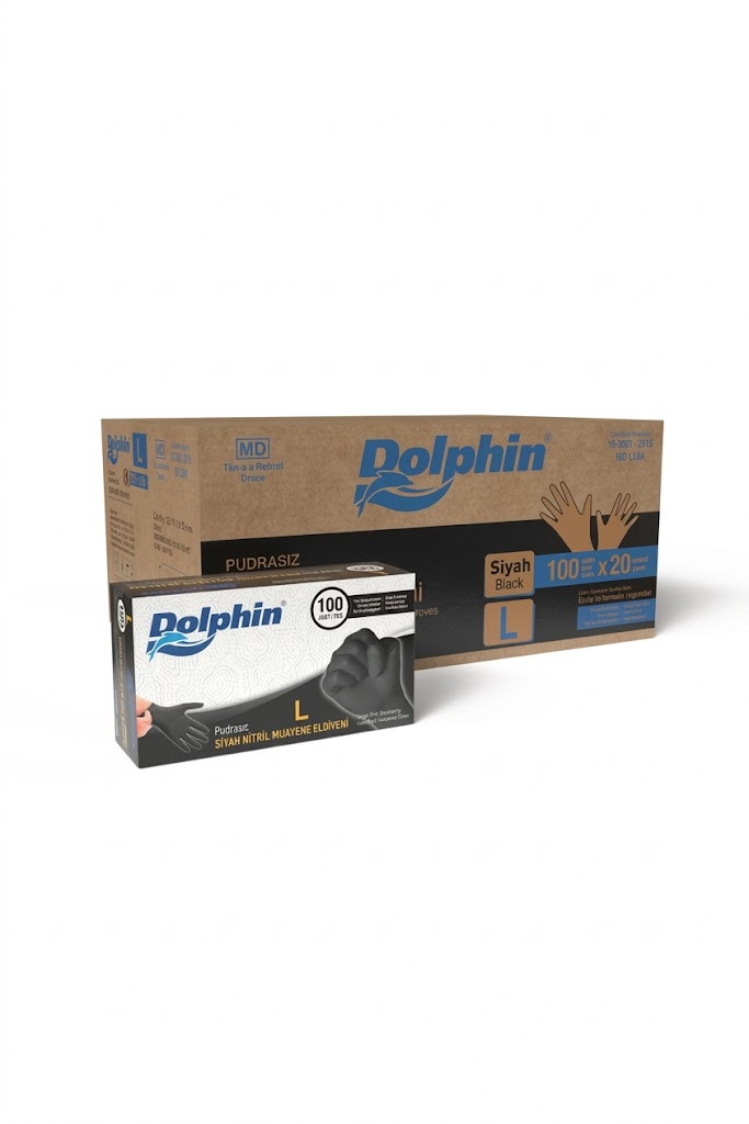 Dolphin Siyah Nitril Eldiven L Beden (Large) Pudrasız Muayene Eldiveni – 1 Paket (100 Adet)