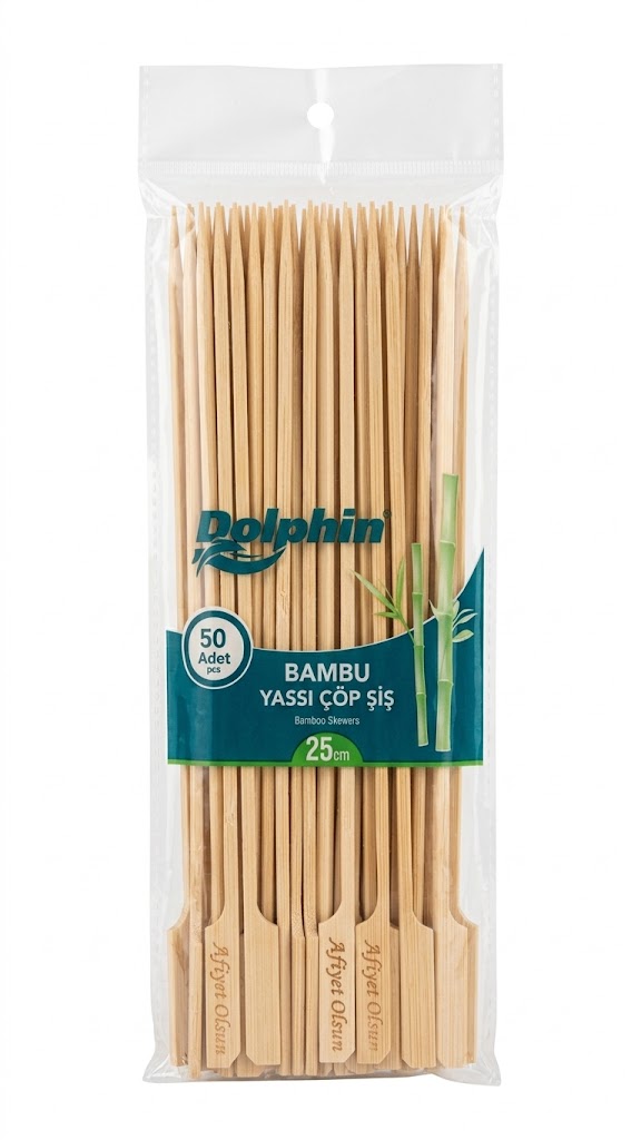 62fc62e1-af3d-4348-bf56-0e4b9d036bf1 Dolphin Bambu Yassı Çöp Şiş 25 cm 50 Adet 1 Paket - "Afiyet Olsun" Yazılı Sunum Çubuğu - Görsel 1