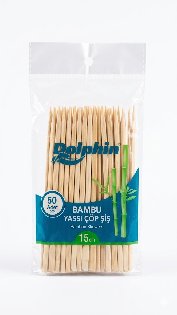 9f0505dc-3c2b-4c64-bb9b-eca7f09634a8 Dolphin Bambu Yassı Çöp Şiş 15 cm 50 Adet 1 Paket - Hijyenik Ambalajlı - Görsel 1