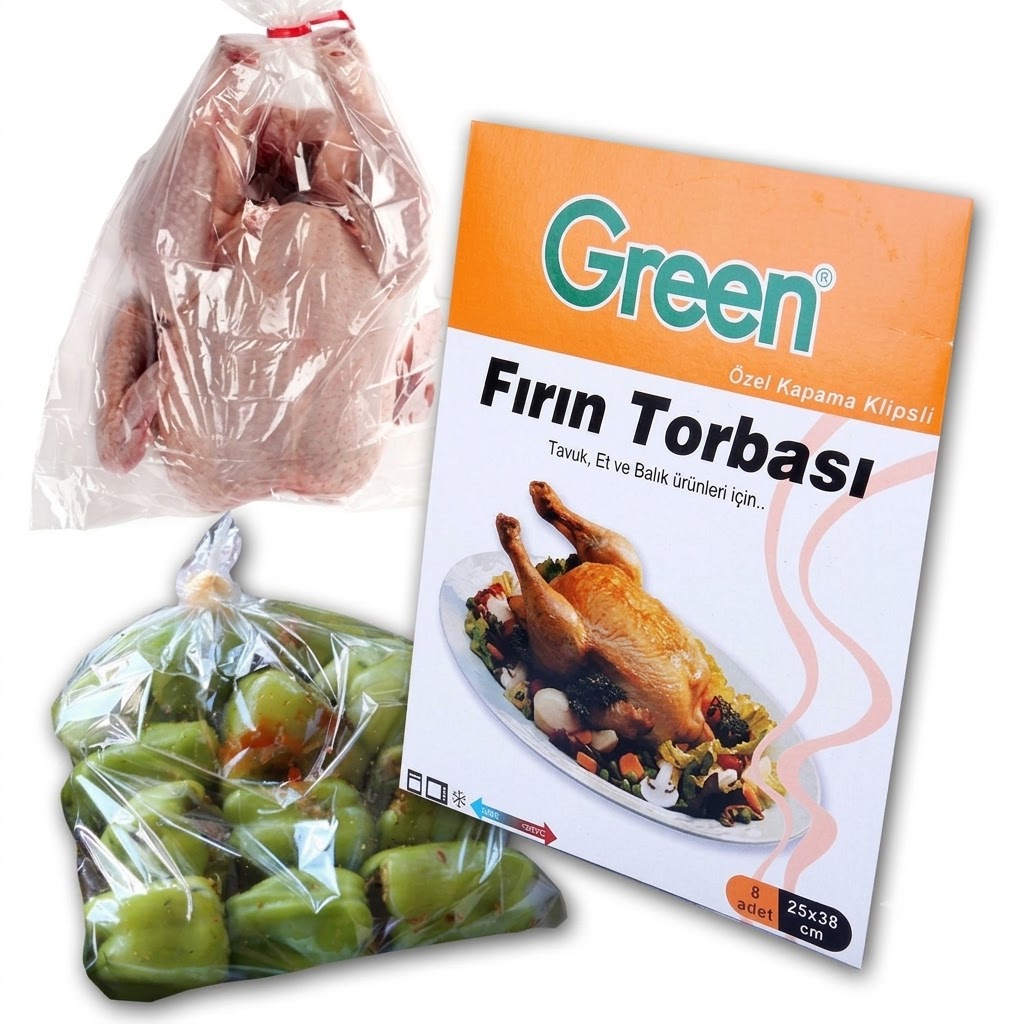 50169bb6-5503-4896-8876-a74820d35d92 Green Fırın Torbası 8'li 1 Paket (25x38 cm) Klipsli Tavuk Ve Sebze Pişirme Poşeti - Görsel 1