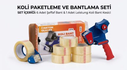 Koli Bandı Seti 6 Adet 45 mm x 100 m Hotmelt Şeffaf Koli Bandı ve 1 Adet Koli Bant Kesme Makinesi Seti