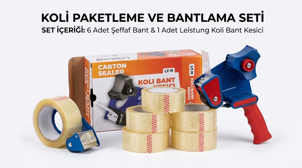 41bf56e0-4afb-4dbf-86d5-195af6829812 Koli Bandı Seti 6 Adet 45 mm x 100 m Hotmelt Şeffaf Koli Bandı ve 1 Adet Koli Bant Kesme Makinesi Seti - Görsel 1